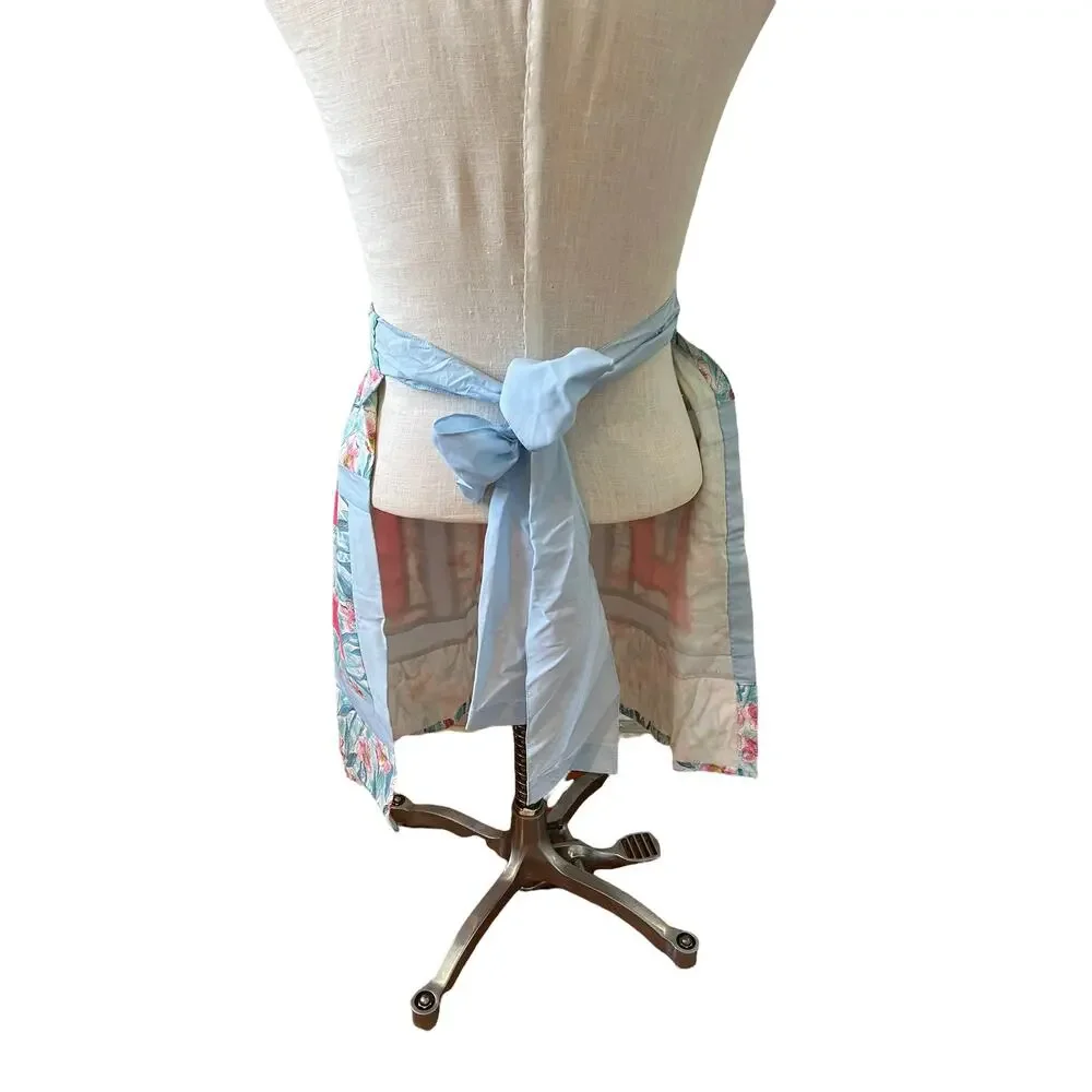 Vintage baby blue and bright pink Floral half apron